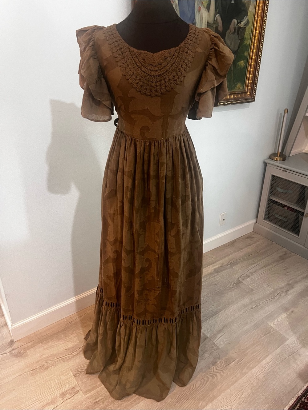 NWT Ollari Mabel Maxi Dress Army Green Textured Floral Ren Fair Festival Small - Picture 2 of 13